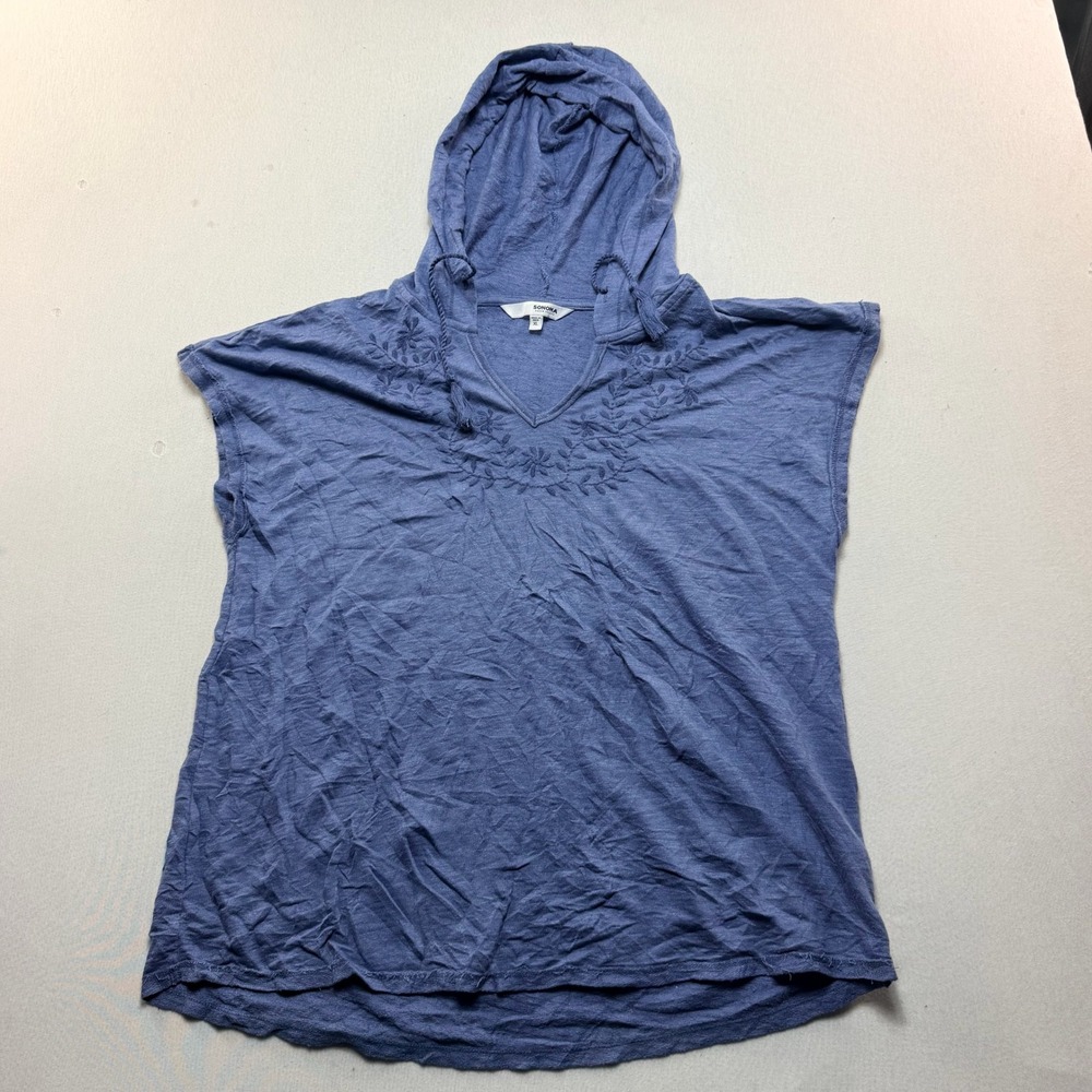 Sonoma Hoodie Top Women Extra Large Blue Good Embroidered V-Neck Short Sleeve